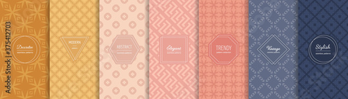 Vector geometric seamless patterns collection. Set of vintage pastel backgrounds with elegant minimal labels. Cute abstract textures. Trendy colors. Modern pattern design template for decor, print