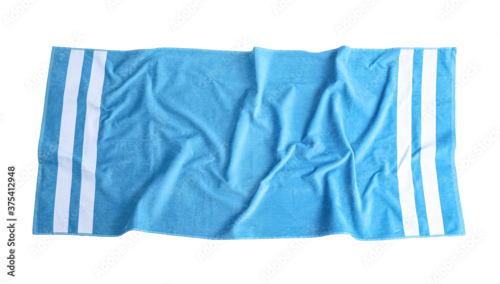 Blue towel isolated on white, top view. Beach accessory