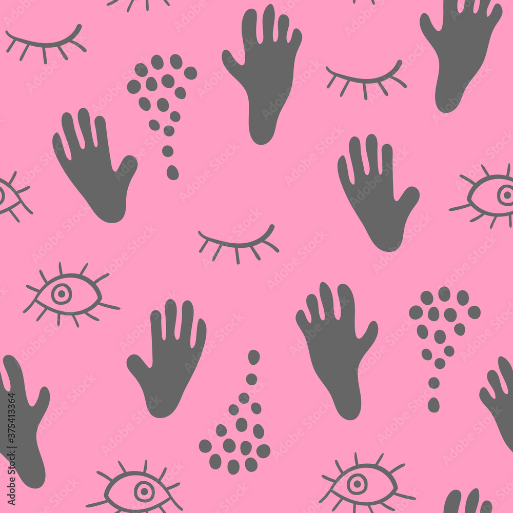 Seamless pattern with hands and eyes on pink background. Vector illustration. Seamless pattern with hands and eyes on pink background. Vector illustration.