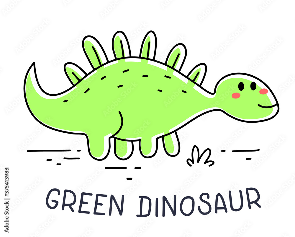 Obraz premium Vector illustration of cute happy green color dinosaur stegosaurus character on white background.