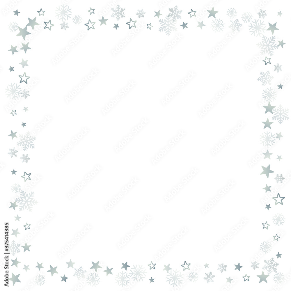 Fototapeta premium Silver Christmas snow ant stars frame. Winter snowflakes subtle background on white, greeting card. New Year Holidays subtle backdrop. Noel decoration, Vector illustration