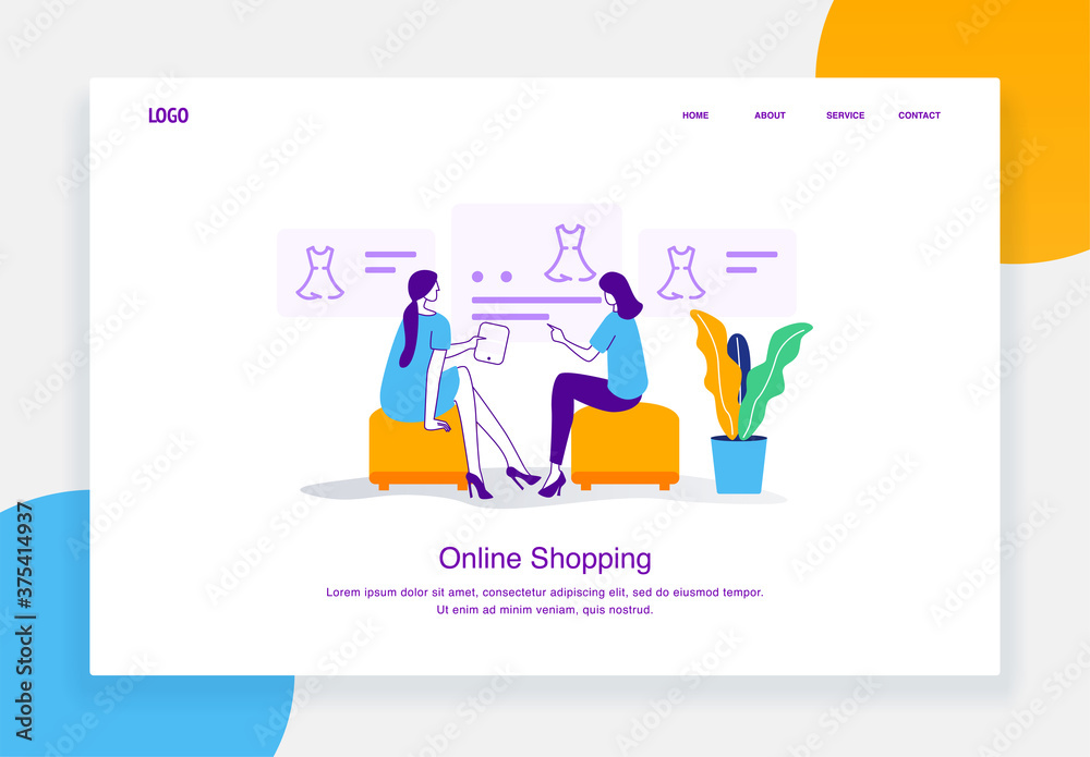 Modern e-commerce illustration concept of two women are choosing dress from  catalog online shopping for landing page template