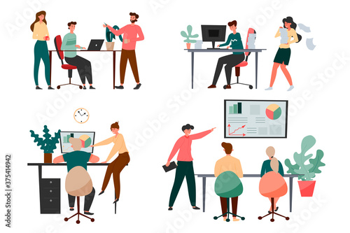 Collection of colleagues in office. Set of workers at working place working, talking, discuss working moments, vector