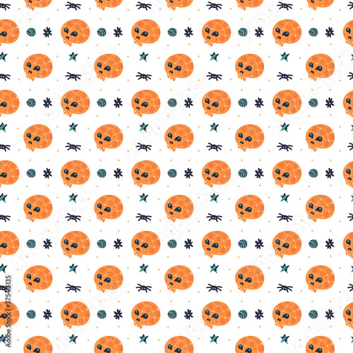 Happy Halloween seamless pattern, texture, background. Skull with spider. Packaging paper design. 
