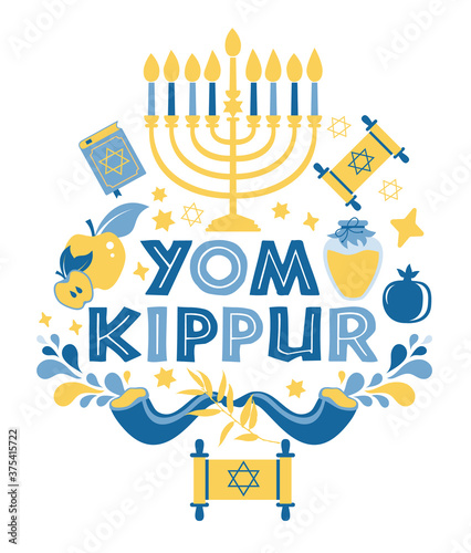 Yom Kippur greeting card with candles, apples and shofar and sybols. Jewish holiday background. Vector illustration on white.