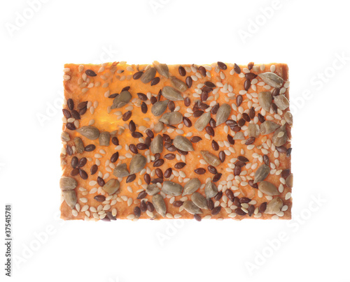 Delicious crispy cracker with different seeds isolated on white