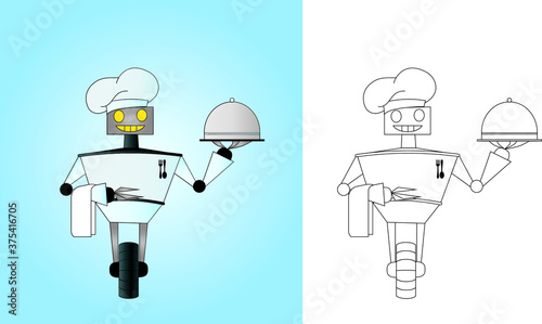 home assistant a robot cook invites you to dinner, in one hand the robot holds a dish with a lid, and in the other a towel. vector illustration