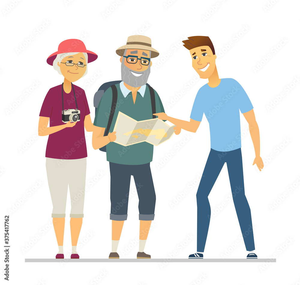 Volunteer showing senior tourists the way - flat design style illustration Volunteer showing senior tourists the way - flat design style illustration