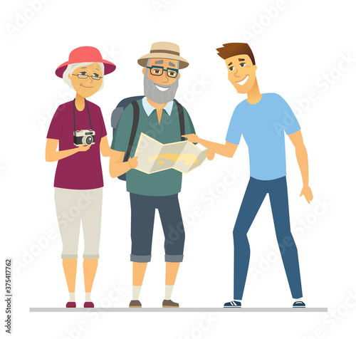 Volunteer showing senior tourists the way - flat design style illustration