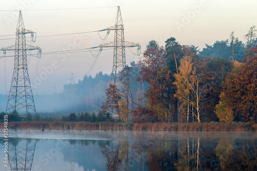Power line in the cleared area of the forest by the lake.
