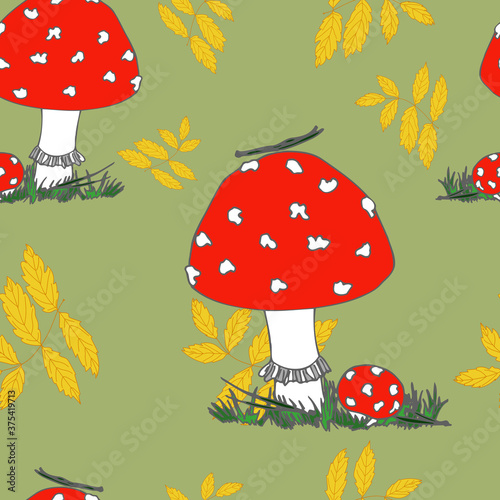Art & Illustration.
Seamless pattern
red amanita in the autumn forest.