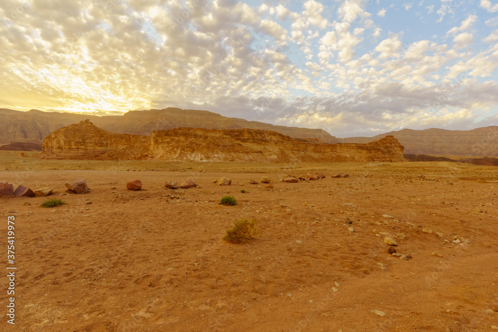 Sunset view of landscape and rock formations, Timna Valley