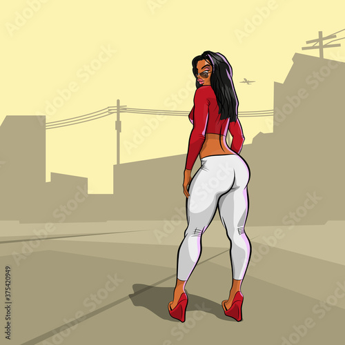 Girl at day in light on street city banner. Drawn nice woman. Painted sexy girl brochure. Comic lady poster template, Dancing beautiful Cartoon woman with a big ass flyer