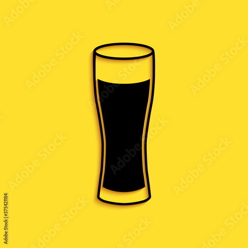 Black Glass of beer icon isolated on yellow background. Long shadow style. Vector.