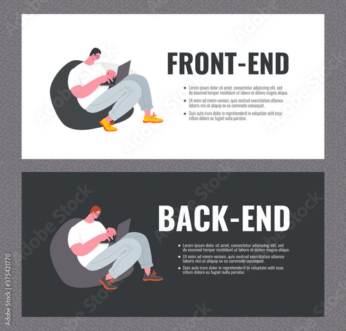 Front-End and Back-End Developer vector template for a web banner or page. Modern flat cartoon illustration. A young man sitting on a bag chair and working on a laptop.