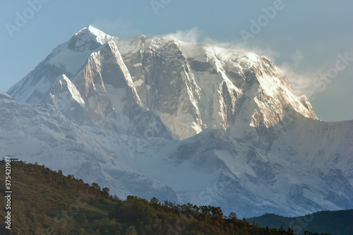 The snow covered mountain peak of Annapurna in the Himalayan town of Pokhara in Nepal.