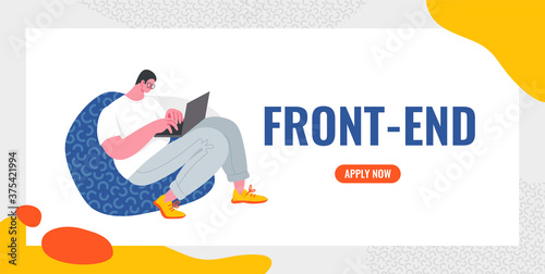 Front-End Developer vector illustration. A web banner or page template. Modern flat cartoon illustration. A young man sitting on a bag chair and working on a laptop.