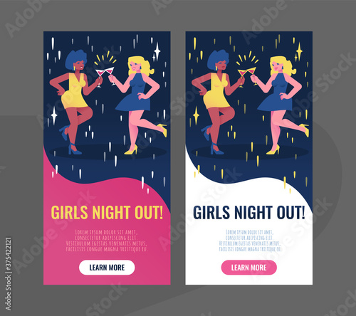Girls Night Out! flyer or banner template. Cute flat cartoon illustration in contemporary colors. Two pretty women at a party drinking martini and have fun. Blonde and brunette clink glasses.