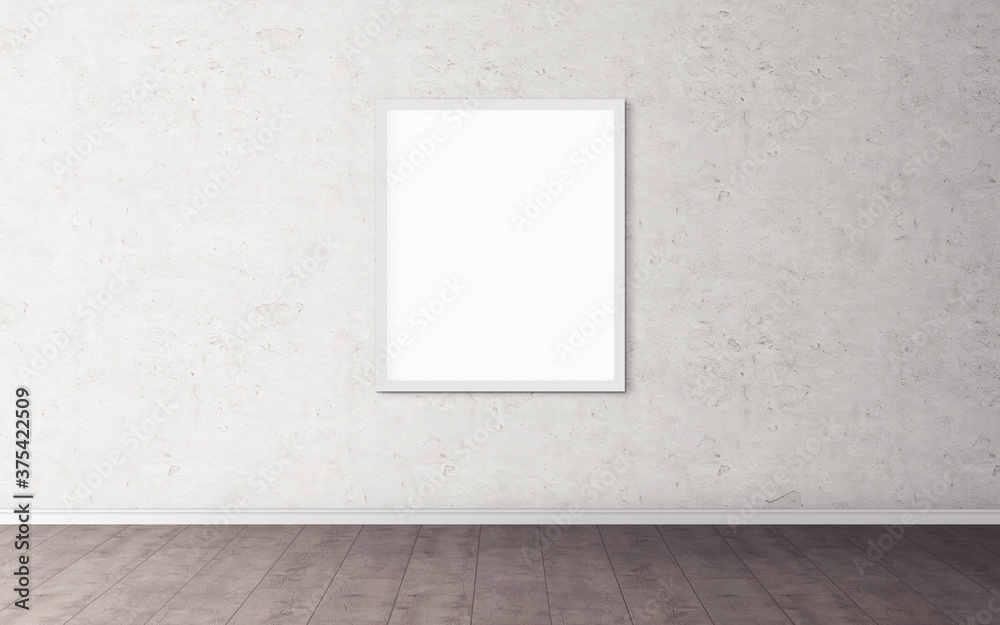 White poster with white frame on wall. Mockup for you design preview. Layout concept. White poster with white frame on wall. Mockup for you design preview. Layout concept.