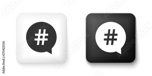 Black and white Hashtag in circle icon isolated on white background. Social media symbol, concept of number sign, social media, micro blogging pr popularity. Square button. Vector.