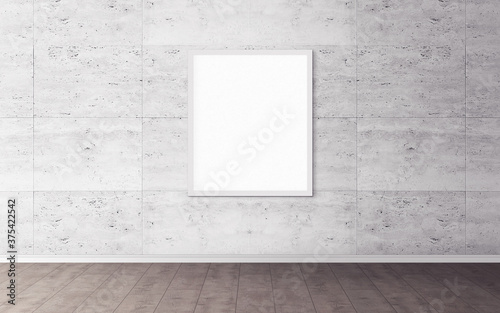 White poster with white frame on wall. Mockup for you design preview. Layout concept.