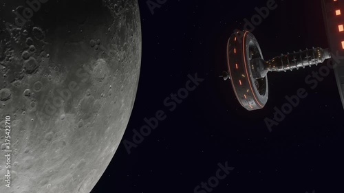 Space Station near Moon, Space Travel - Animation in 3D Rendering