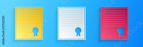 Paper cut Certificate template icon isolated on blue background. Achievement, award, degree, grant, diploma concepts. Business success certificate. Paper art style. Vector.