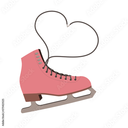 Figure skating boot or shoe with lacing heart. Hobby, recreation on vacation, love to winter skate. Vector illustration in retro colors.