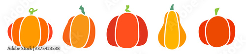 Set of colored pumpkins of different shapes isolated on a white background. Vector illustration.