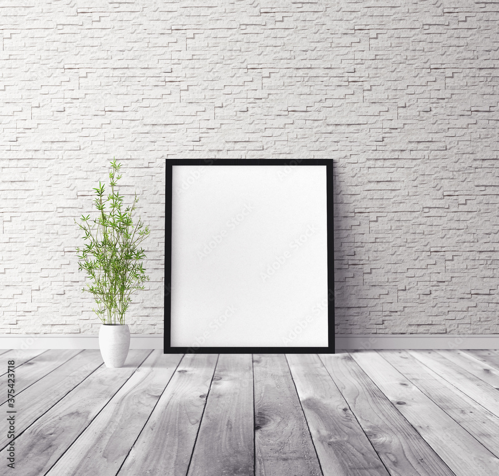 White vertical empty poster with frame standing on floor. Mockup template for you design preview. White vertical empty poster with frame standing on floor. Mockup template for you design preview.