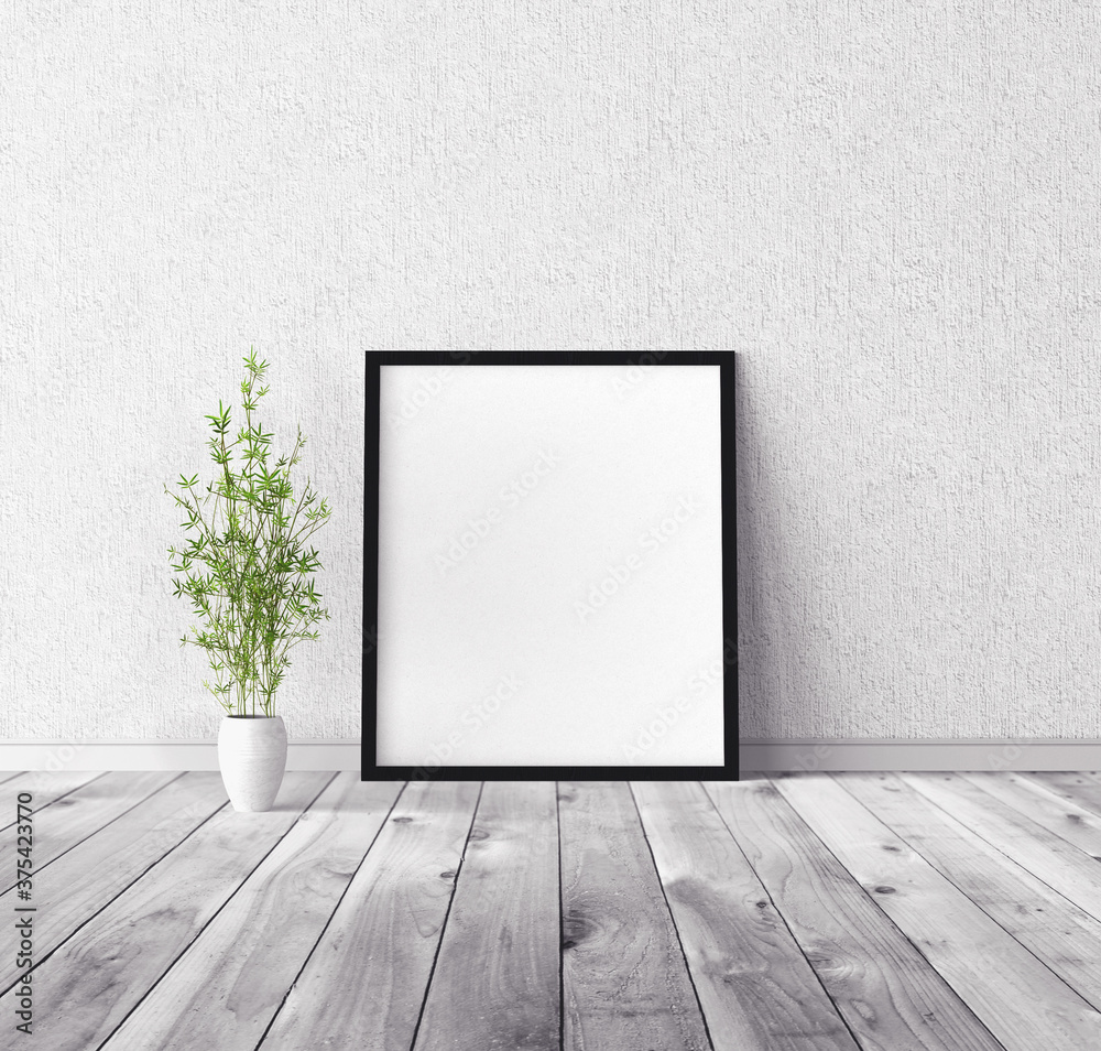 White vertical empty poster with frame standing on floor. Mockup template for you design preview. White vertical empty poster with frame standing on floor. Mockup template for you design preview.
