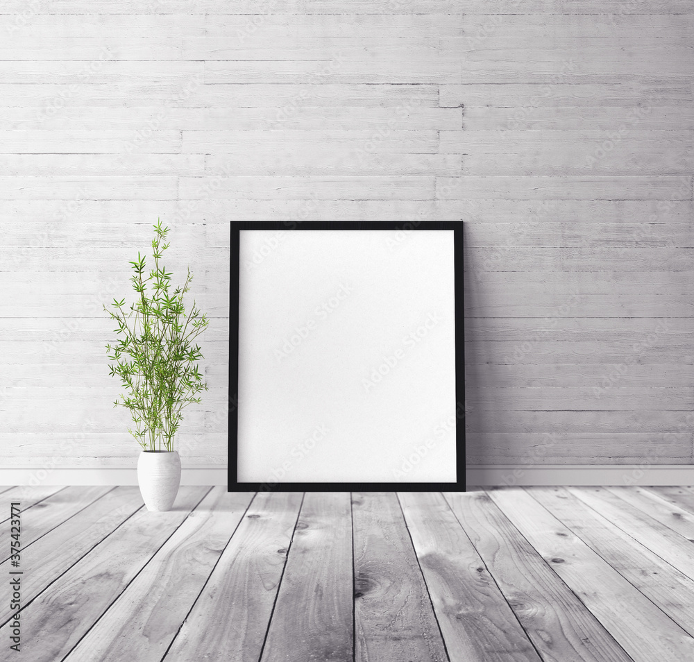 White vertical empty poster with frame standing on floor. Mockup template for you design preview. White vertical empty poster with frame standing on floor. Mockup template for you design preview.