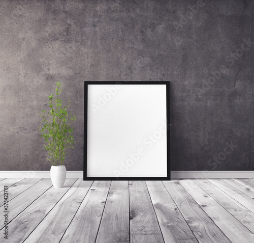 Fototapeta Naklejka Na Ścianę i Meble -  White vertical empty poster with frame standing on floor. Mockup template for you design preview.