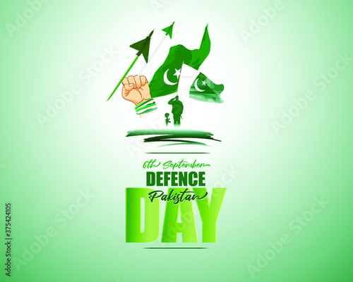 Vector illustration of Pakistan defence day, 6th september, freedom hand with pakistan flag, soldier with rifle and helmet and airforce craft.