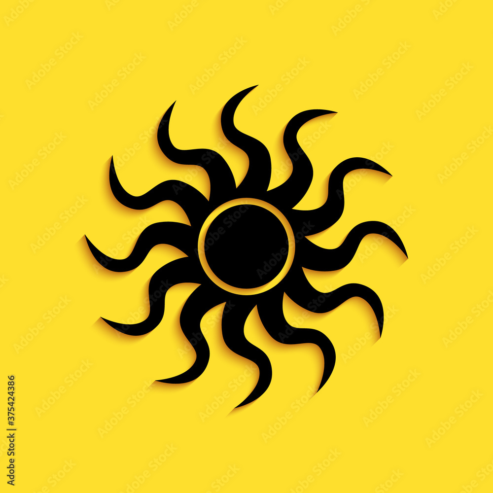 Black Sun icon isolated on yellow background. Long shadow style. Vector. Black Sun icon isolated on yellow background. Long shadow style. Vector.