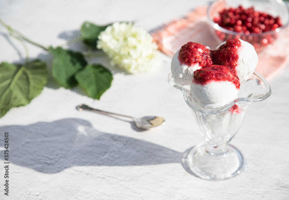 Glass bowl with ice cream balls and cranberry jam on a light background, berries in a glass bowl, sun shadows on the table. A place for the space mine. Horizontal orientation Glass bowl with ice cream balls and cranberry jam on a light background, berries in a glass bowl, sun shadows on the table. A place for the space mine. Horizontal orientation