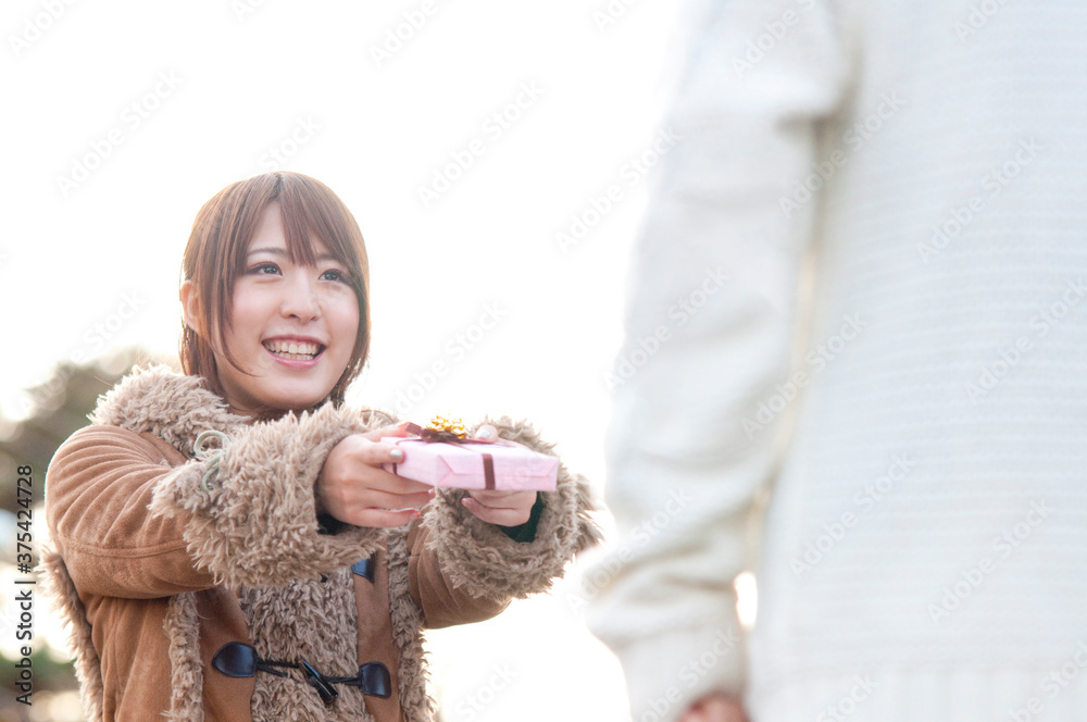 男性にプレゼントを渡す女性 男性にプレゼントを渡す女性