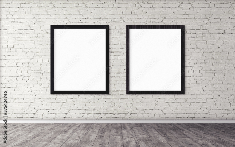 Two posters with black frame on wall. Mock up for you design preview. Good use for advertasing materials. Two posters with black frame on wall. Mock up for you design preview. Good use for advertasing materials.