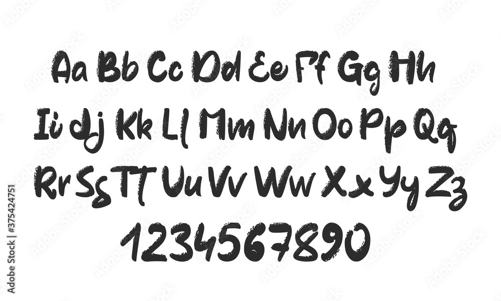 Vector illustration: Hand drawn textured Brush font. Handwritten English Abc alphabet with numbers Vector illustration: Hand drawn textured Brush font. Handwritten English Abc alphabet with numbers