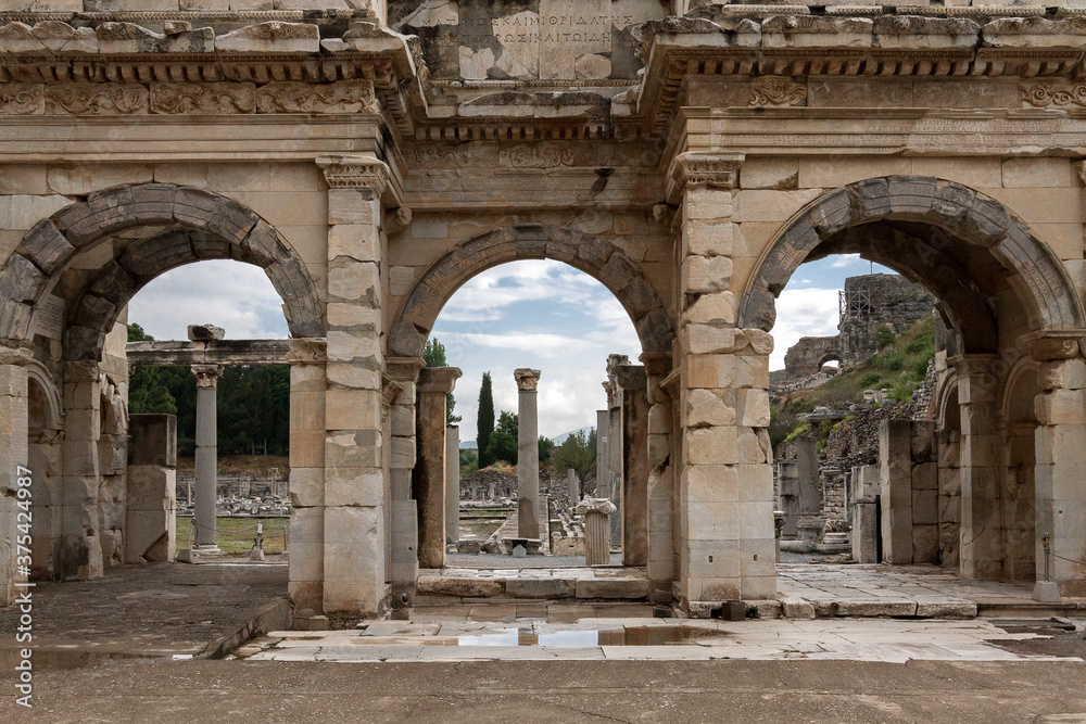 Roman gate into the public agora in the ruins of Ephesus, Turkey.
