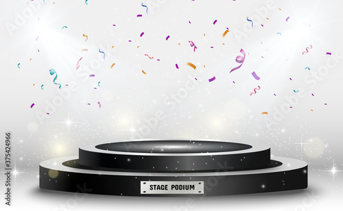 Podium with a spotlight on a dark background, first place, fame and popularity. Vector illustration. Realistic podium illuminated by spotlights.