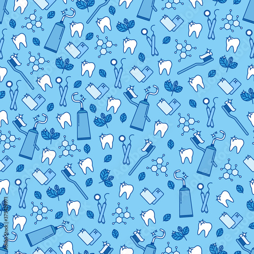 Dental care seamless pattern with teeth, toothbrush, toothpaste, medical equipment. Modern outline vector illustration. Health care background for dentistry clinic, branding, advertisement