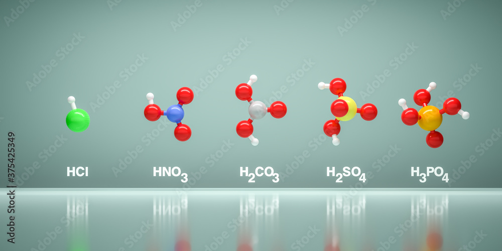 Models of acid molecules HCl, HNO3, H2CO3, H2SO4 and H3PO4. Atom colors