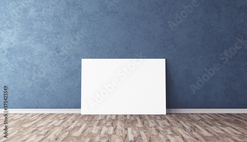 White empty horizontal canvas standing on floor. Blank mockup for you design. Good template for advertasing.
