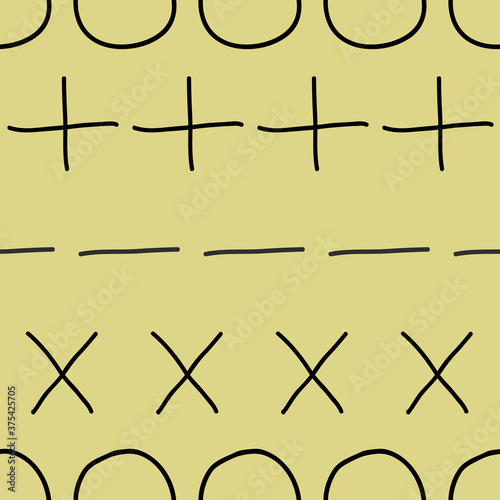 Line Up Symbols marks on yellow background plus minus x o seamless vector repeat pattern surface design