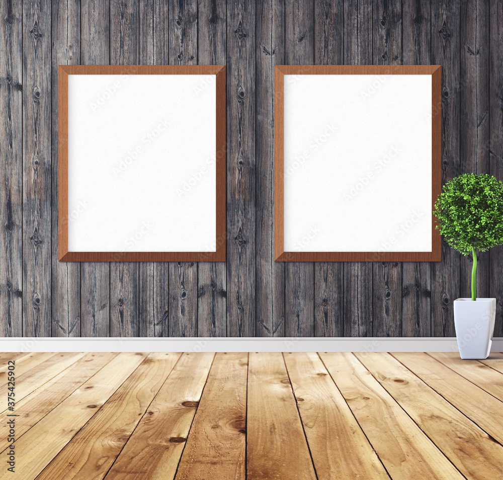 Two white posters with wooden frame on wall. Mock up for you design preview. Good use for advertasing materials. Two white posters with wooden frame on wall. Mock up for you design preview. Good use for advertasing materials.