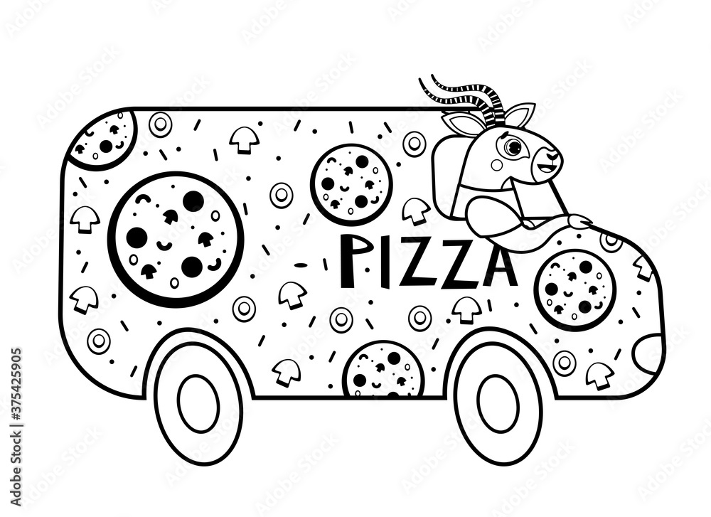 Coloring page outline of cartoon pizza delivery with animal. Vector image on white background. Coloring book of transport for kids.