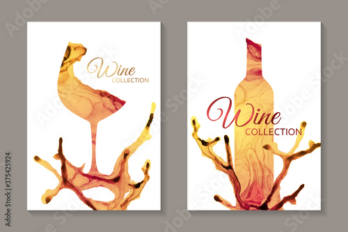Modern abstract card templates for wine tasting invitation or poster or banner or presentation with yellow glass and bottle in alcohol ink style on a white background.