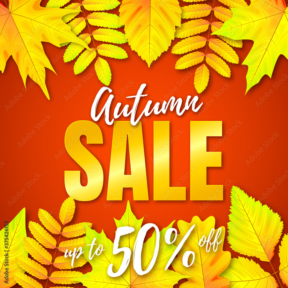 Red autumn sale banner with yellow leaves Red autumn sale banner with yellow leaves