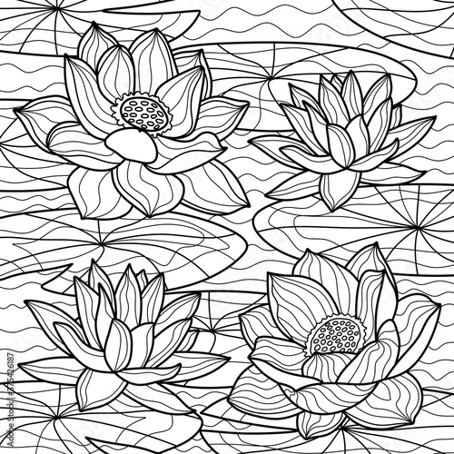 Fototapeta Naklejka Na Ścianę i Meble -  Coloring antistress page for adults and children. Lotuses in water with water lilies.
